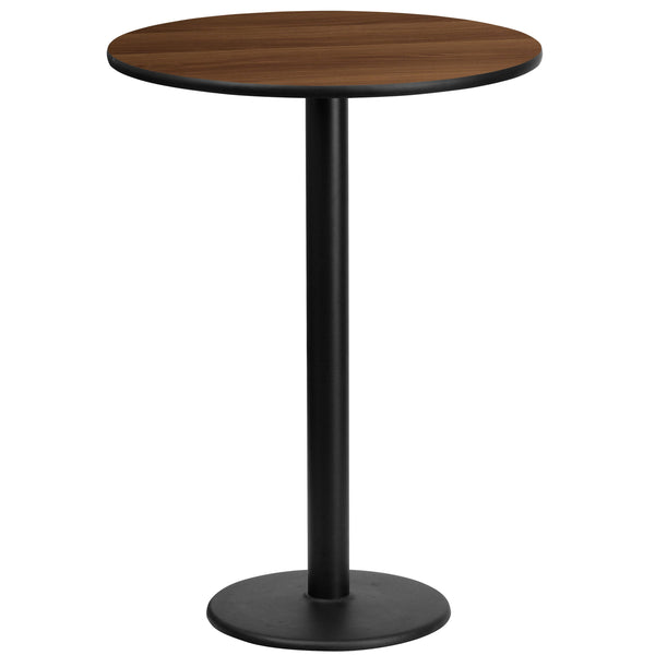 Walnut |#| 24inch Round Walnut Laminate Table Top with 18inch Round Bar Height Table Base