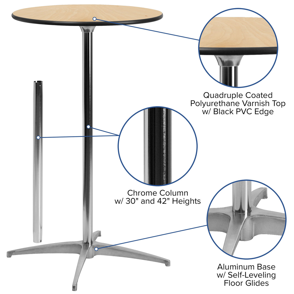 Natural |#| 24" Round Wood Cocktail Table with 30" and 42" Columns