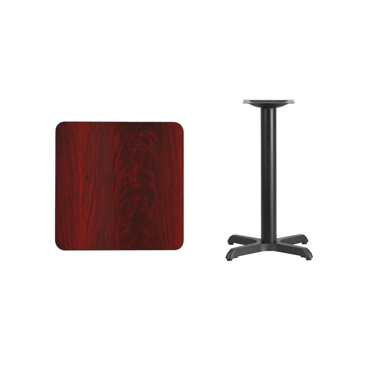 Mahogany |#| 24inch Square Mahogany Laminate Table Top with 22inch x 22inch Table Height Base