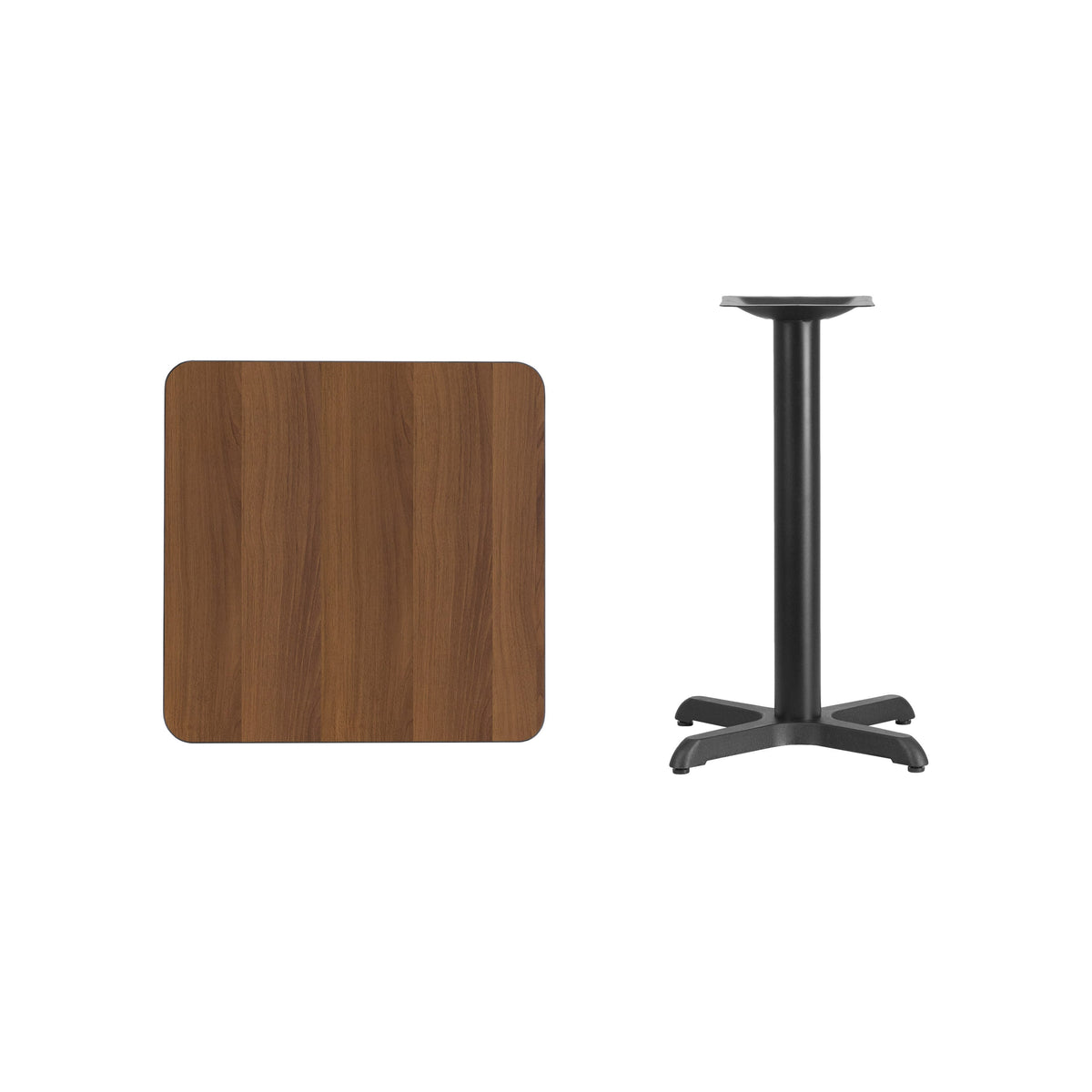 Walnut |#| 24inch Square Walnut Laminate Table Top with 22inch x 22inch Table Height Base