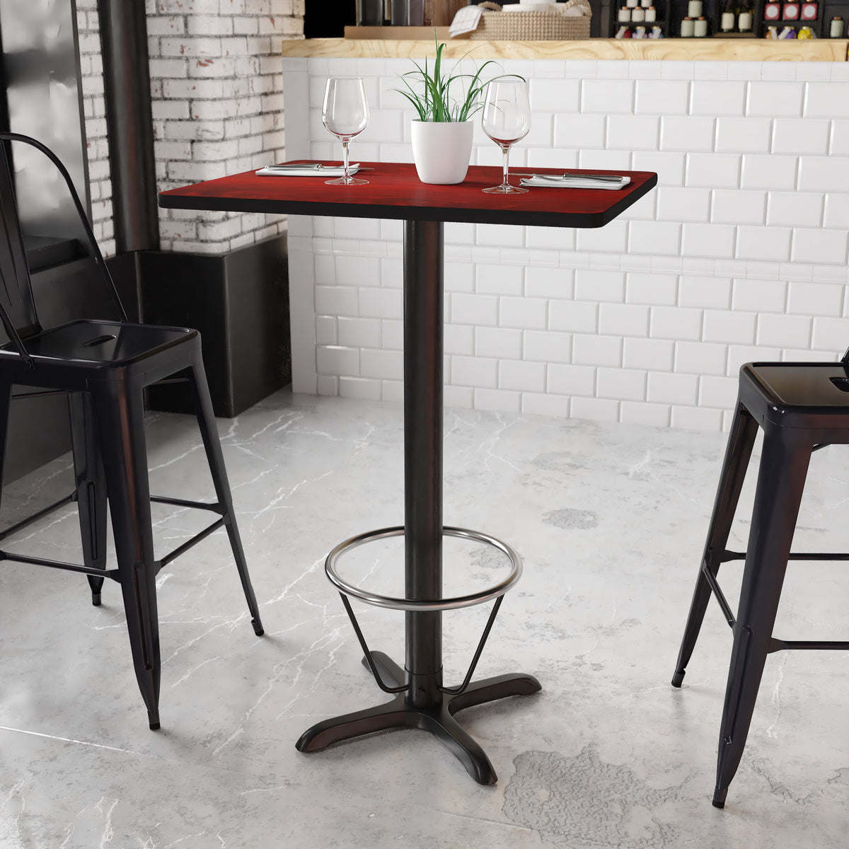 Mahogany |#| 24inch x 30inch Mahogany Laminate Table Top & 22inch x 22inch Bar Height Base & Foot Ring