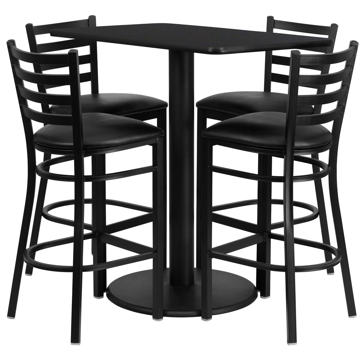 Black Top/Black Vinyl Seat |#| 24inch x 42inch Rectangular Black Laminate Table with 4 Ladder Back Metal Barstools