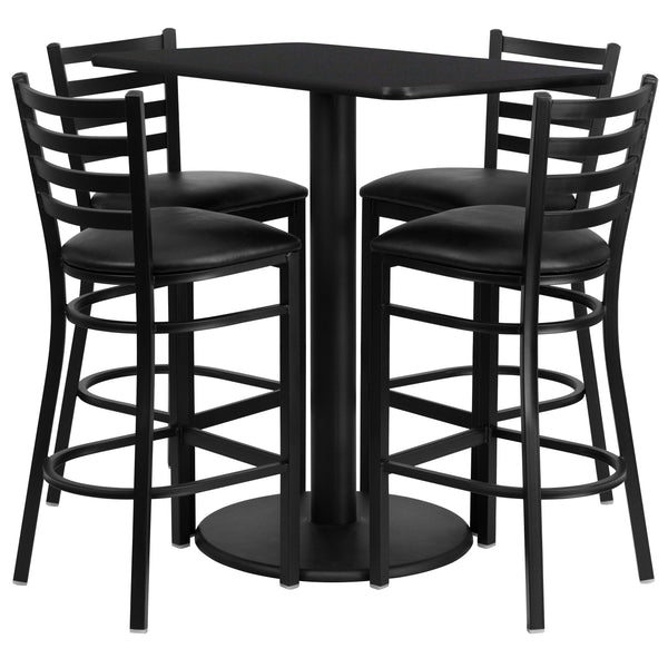 Black Top/Black Vinyl Seat |#| 24inch x 42inch Rectangular Black Laminate Table with 4 Ladder Back Metal Barstools
