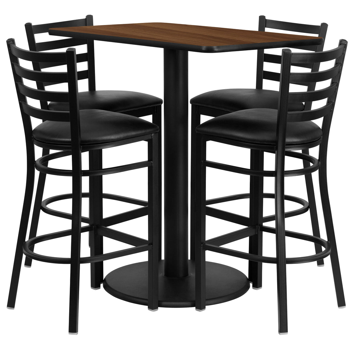 Walnut Top/Black Vinyl Seat |#| 24inch x 42inch Rectangular Walnut Laminate Table with 4 Ladder Back Metal Barstools