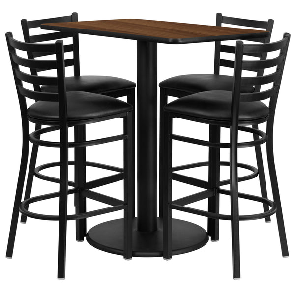 Walnut Top/Black Vinyl Seat |#| 24inch x 42inch Rectangular Walnut Laminate Table with 4 Ladder Back Metal Barstools