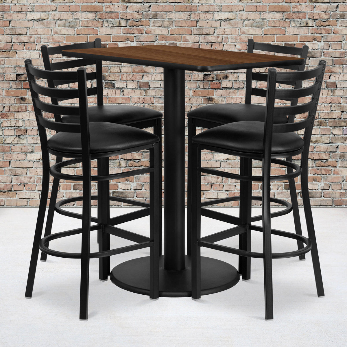 Walnut Top/Black Vinyl Seat |#| 24inch x 42inch Rectangular Walnut Laminate Table with 4 Ladder Back Metal Barstools