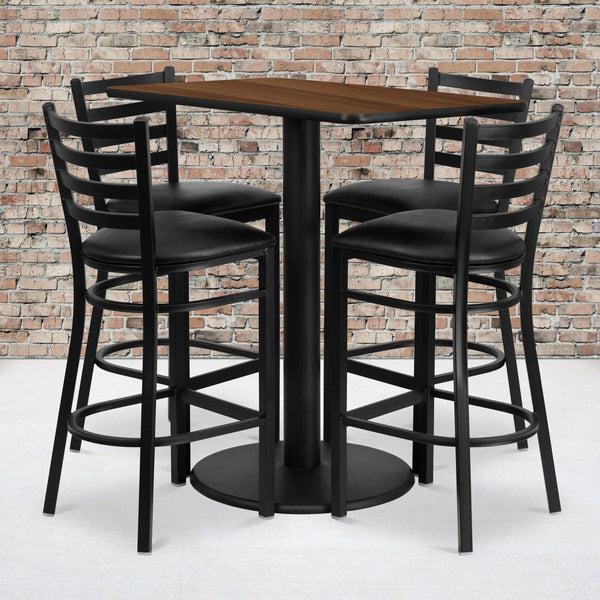 Walnut Top/Black Vinyl Seat |#| 24inch x 42inch Rectangular Walnut Laminate Table with 4 Ladder Back Metal Barstools