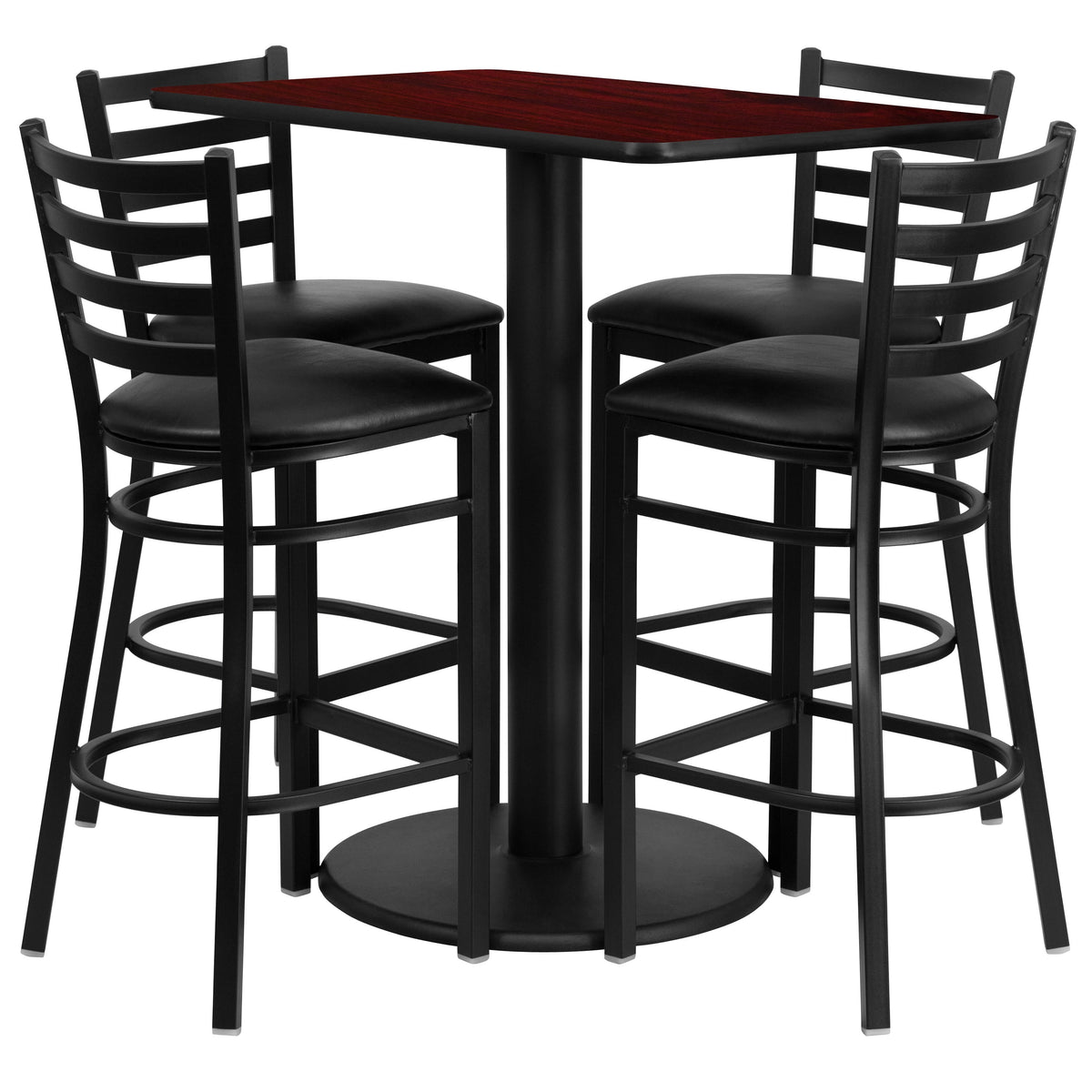 Mahogany Top/Black Vinyl Seat |#| 24inch x 42inch Rectangular Mahogany Laminate Table w/ 4 Ladder Back Metal Barstools