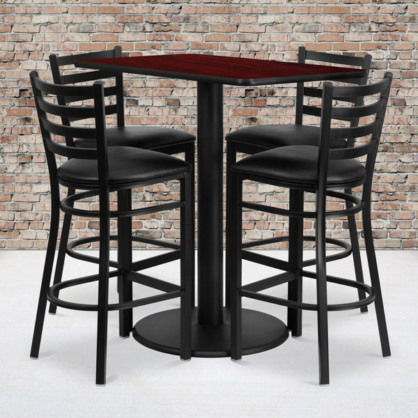 Mahogany Top/Black Vinyl Seat |#| 24inch x 42inch Rectangular Mahogany Laminate Table w/ 4 Ladder Back Metal Barstools