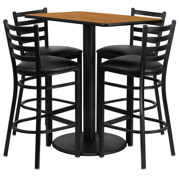 Natural Top/Black Vinyl Seat |#| 24inch x 42inch Rectangular Natural Laminate Table w/ 4 Ladder Back Metal Barstools
