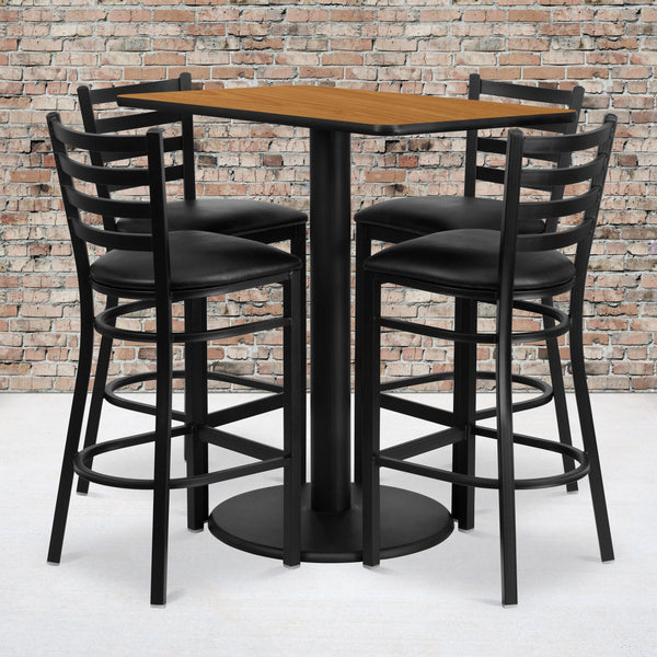 Natural Top/Black Vinyl Seat |#| 24inch x 42inch Rectangular Natural Laminate Table w/ 4 Ladder Back Metal Barstools