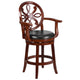 Cherry |#| 26inch High Cherry Wood Stool w/Arms, Carved Back &Black LeatherSoft Swivel Seat