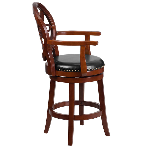 Cherry |#| 26inch High Cherry Wood Stool w/Arms, Carved Back &Black LeatherSoft Swivel Seat