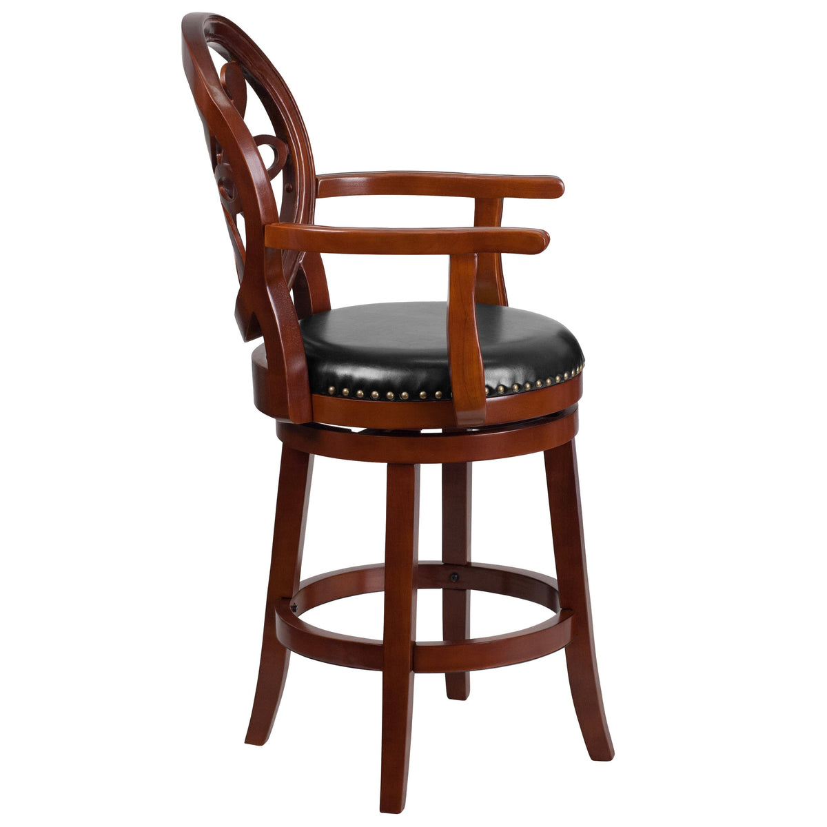 Cherry |#| 26inch High Cherry Wood Stool w/Arms, Carved Back &Black LeatherSoft Swivel Seat