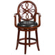 Cherry |#| 26inch High Cherry Wood Stool w/Arms, Carved Back &Black LeatherSoft Swivel Seat