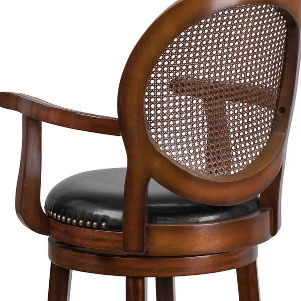 26inch High Expresso Stool w/ Arms, Woven Rattan Back & Black LeatherSoft Seat