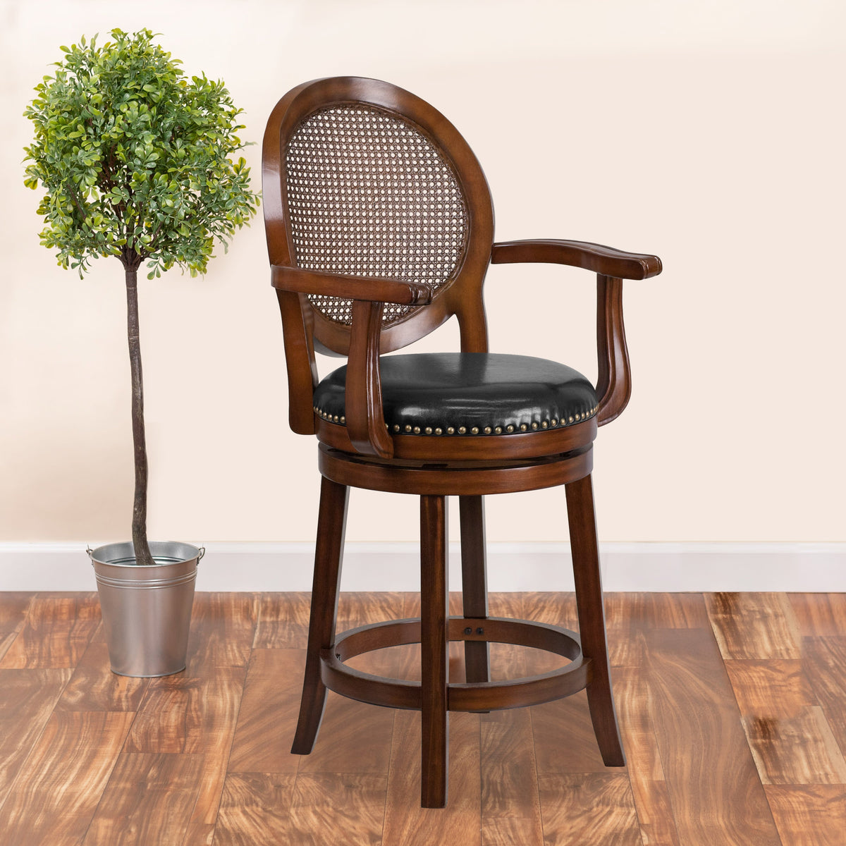 26inch High Expresso Stool w/ Arms, Woven Rattan Back & Black LeatherSoft Seat