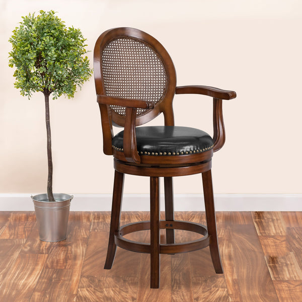 26inch High Expresso Stool w/ Arms, Woven Rattan Back & Black LeatherSoft Seat