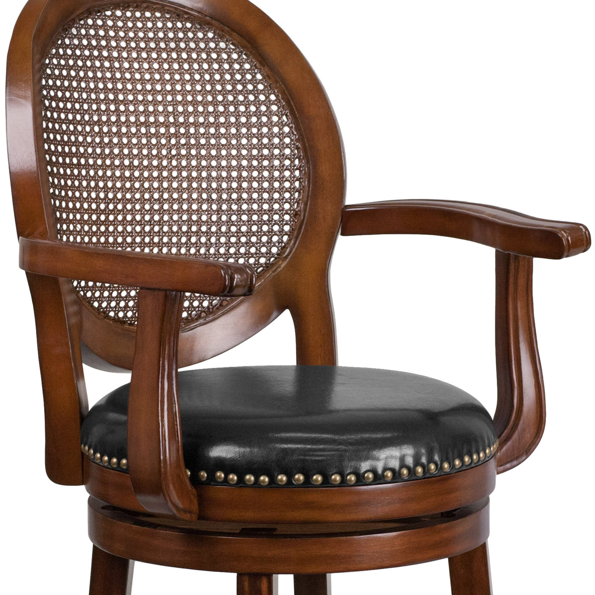 26inch High Expresso Stool w/ Arms, Woven Rattan Back & Black LeatherSoft Seat