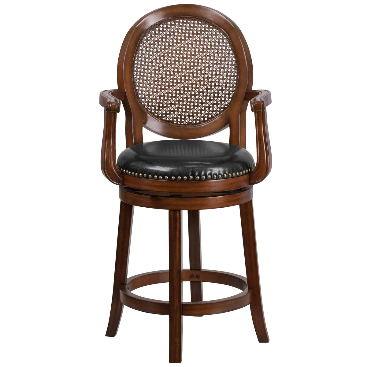 26inch High Expresso Stool w/ Arms, Woven Rattan Back & Black LeatherSoft Seat