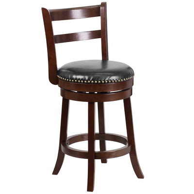 26'' High Wood Counter Height Stool with Single Slat Ladder Back and LeatherSoft Swivel Seat