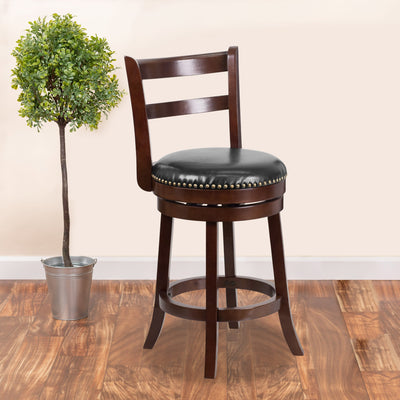 26'' High Wood Counter Height Stool with Single Slat Ladder Back and LeatherSoft Swivel Seat