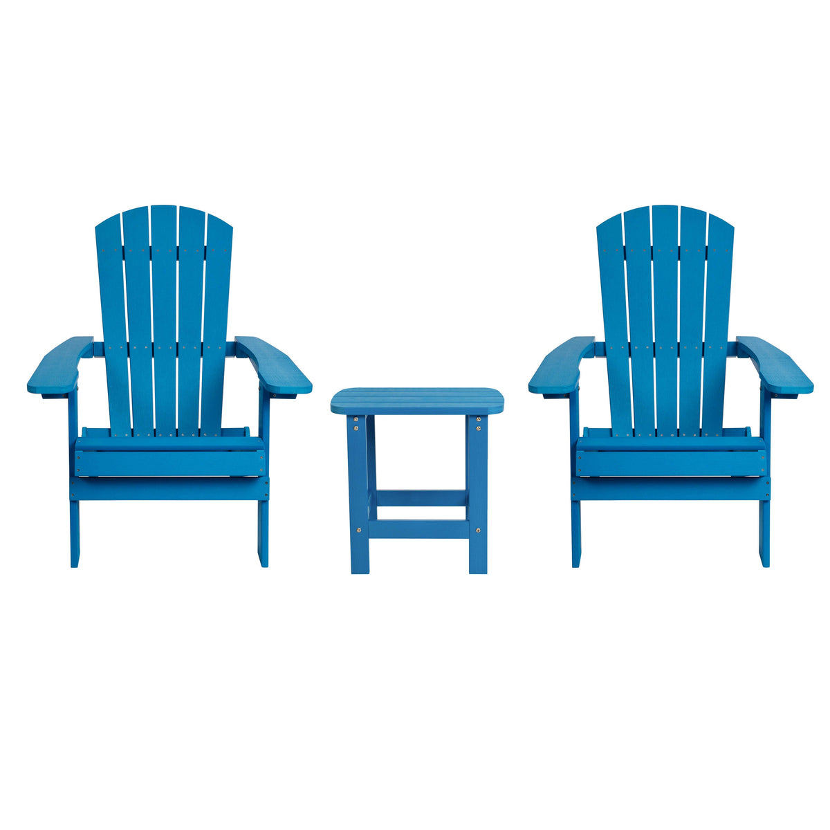 Blue |#| Set of 2 Indoor/Outdoor Folding Adirondack Chairs with Side Table in Blue