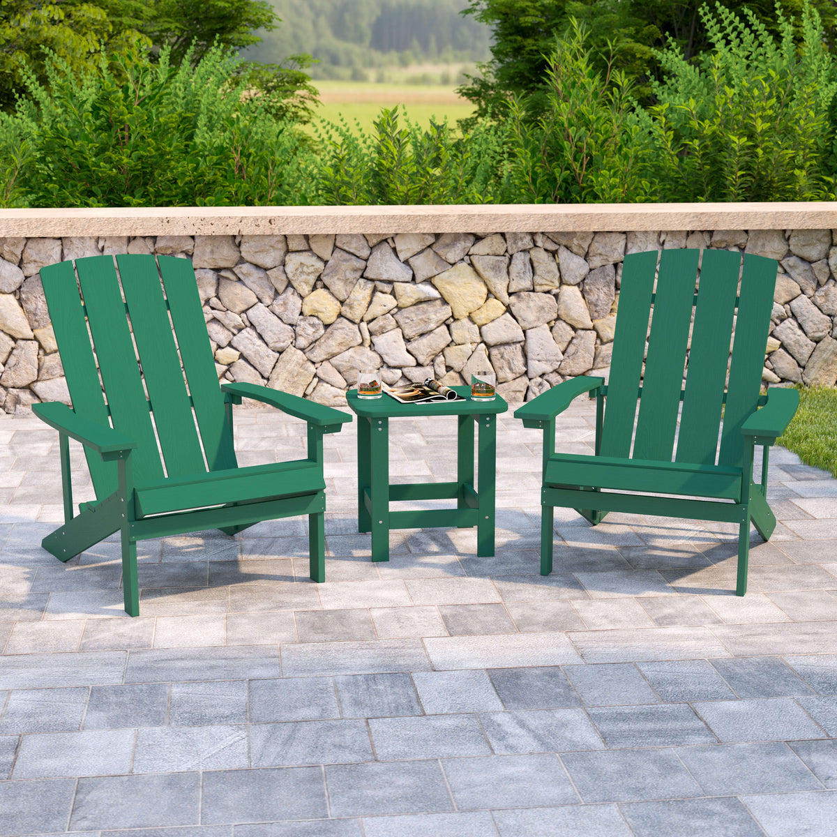 Green |#| Indoor/Outdoor Adirondack Style Side Table and 2 Chair Set in Green