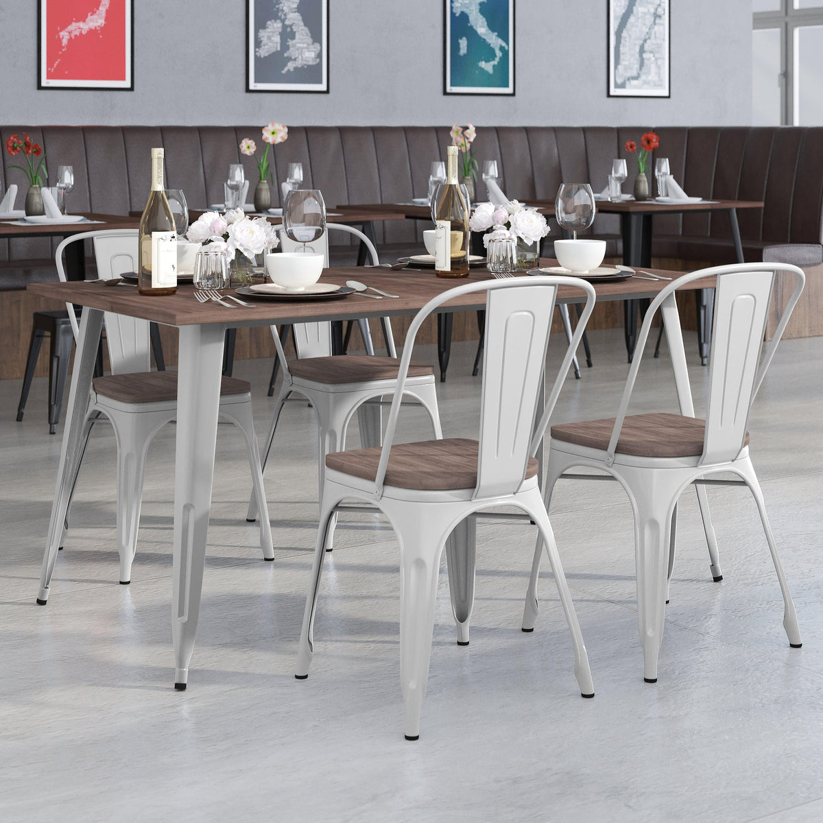 Silver |#| 30.25inch x 60inch Silver Metal Table Set with Wood Top and 4 Stack Chairs