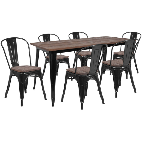 Black |#| 30.25inch x 60inch Black Metal Table Set with Wood Top and 6 Stack Chairs