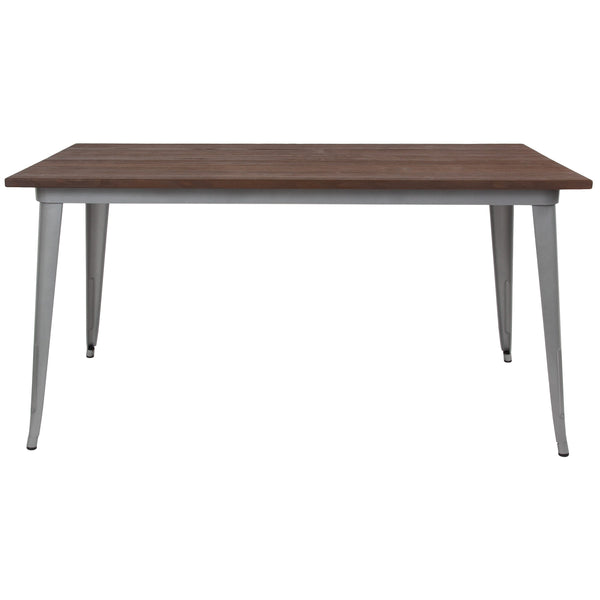 Silver |#| 30.25inch x 60inch Rectangular Silver Metal Indoor Table with Walnut Rustic Wood Top