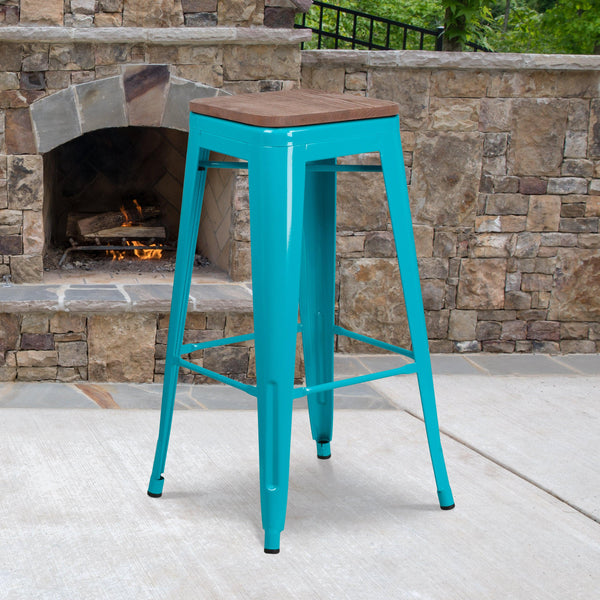 Crystal Teal-Blue |#| 30inch High Backless Crystal Teal-Blue Barstool with Square Wood Seat - Patio Chair