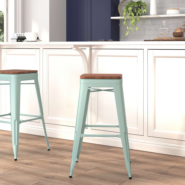 Mint Green |#| 30inch High Backless Mint Green Barstool with Square Wood Seat - Patio Chair