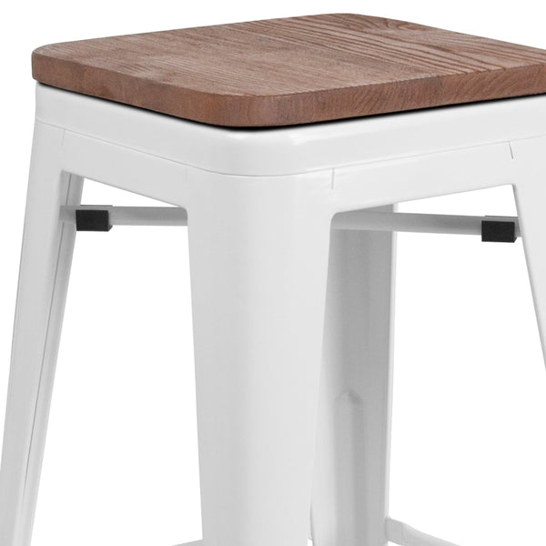 White |#| 30inch High Backless White Metal Barstool with Square Wood Seat - Kitchen Furniture