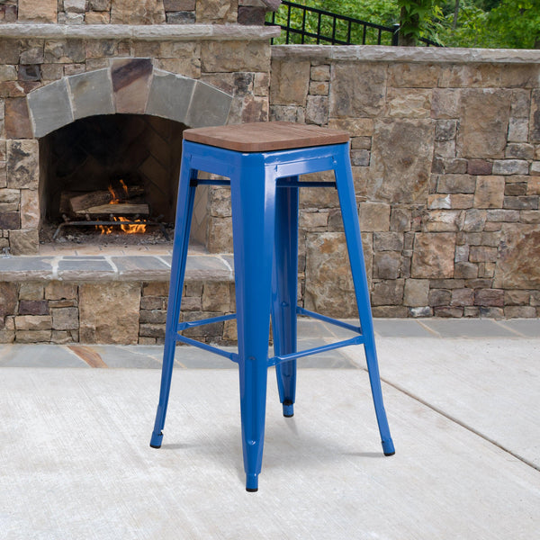 Blue |#| 30inch High Backless Blue Metal Barstool with Square Wood Seat - Kitchen Furniture