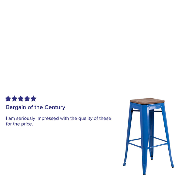 Blue |#| 30inch High Backless Blue Metal Barstool with Square Wood Seat - Kitchen Furniture