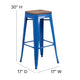Blue |#| 30inch High Backless Blue Metal Barstool with Square Wood Seat - Kitchen Furniture