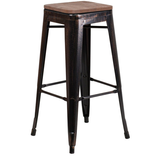 Black-Antique Gold |#| 30inch High Backless Black-Antique Gold Metal Barstool with Square Wood Seat