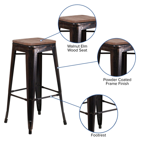 Black-Antique Gold |#| 30inch High Backless Black-Antique Gold Metal Barstool with Square Wood Seat