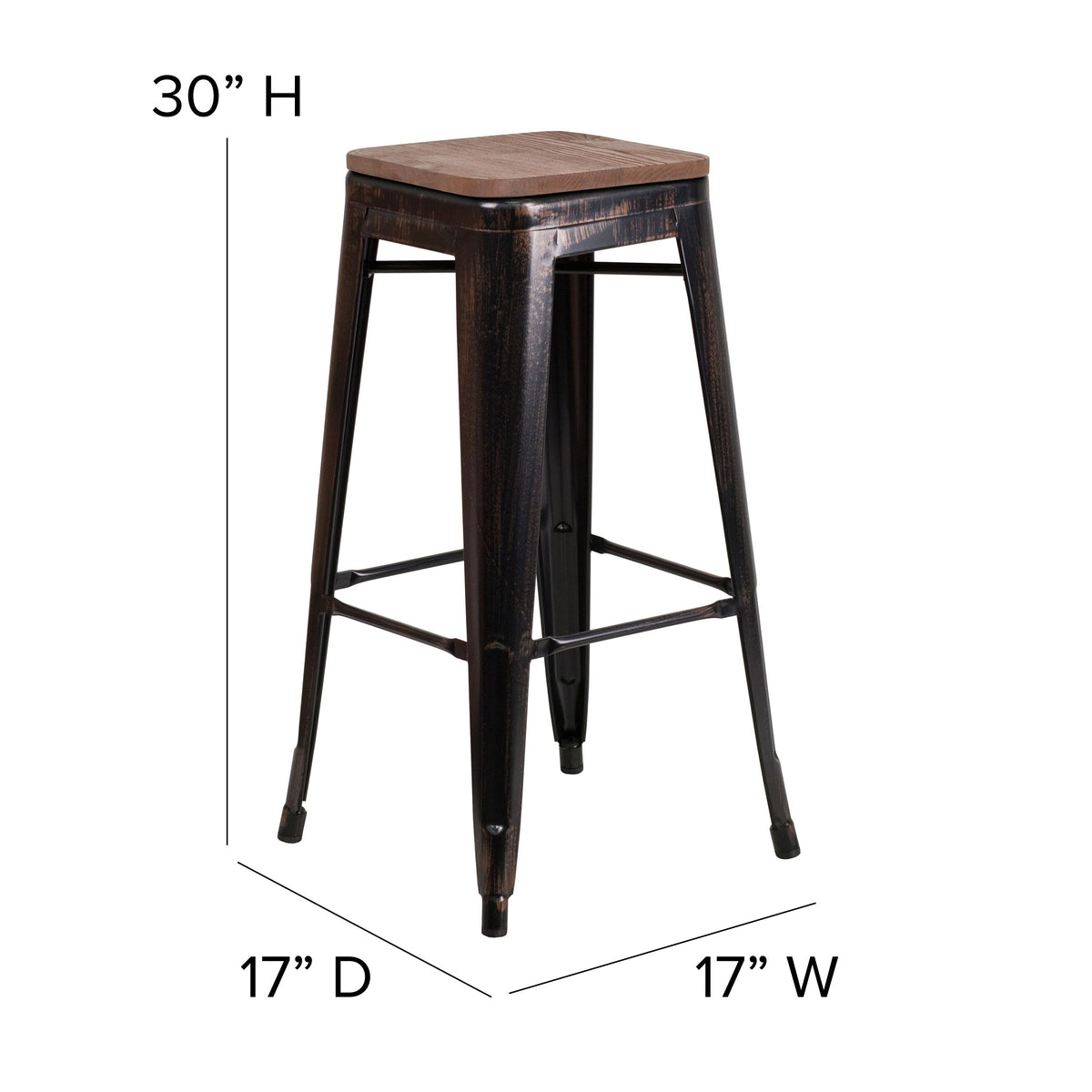 Black-Antique Gold |#| 30inch High Backless Black-Antique Gold Metal Barstool with Square Wood Seat