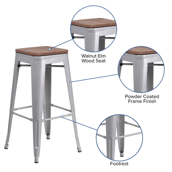 Silver |#| 30inch High Backless Silver Metal Barstool w/ Square Wood Seat - Kitchen Furniture