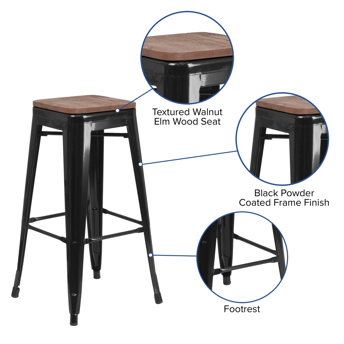 Black |#| 30inch High Backless Black Metal Barstool with Square Wood Seat