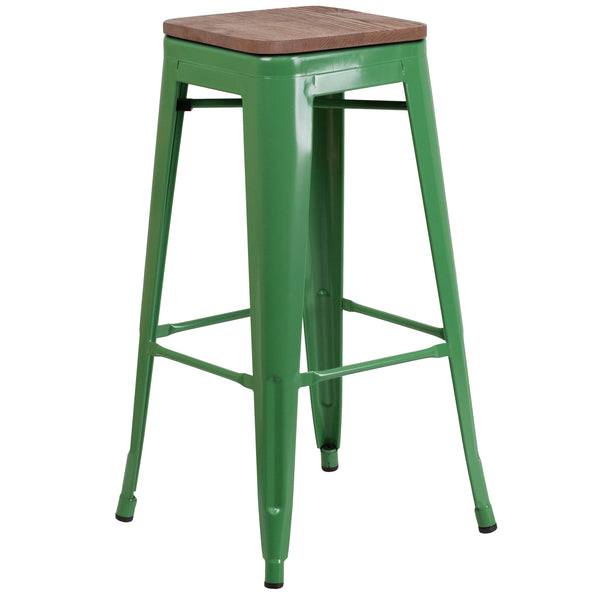 Green |#| 30inch High Backless Green Metal Barstool with Square Wood Seat - Kitchen Furniture