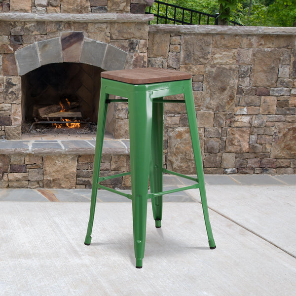 Green |#| 30inch High Backless Green Metal Barstool with Square Wood Seat - Kitchen Furniture