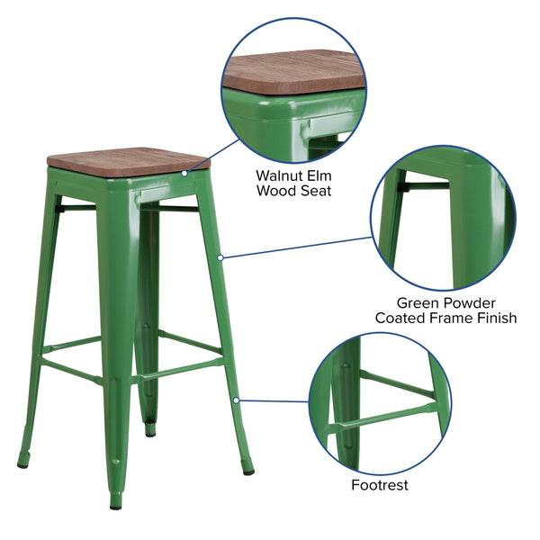 Green |#| 30inch High Backless Green Metal Barstool with Square Wood Seat - Kitchen Furniture