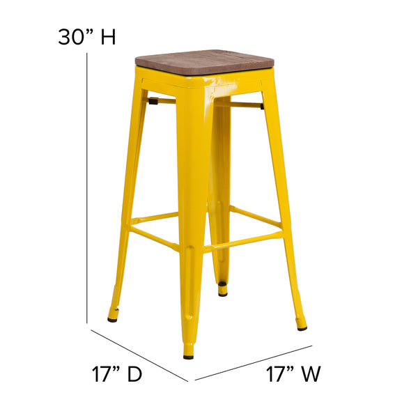 Yellow |#| 30inch High Backless Yellow Metal Barstool w/ Square Wood Seat - Kitchen Furniture