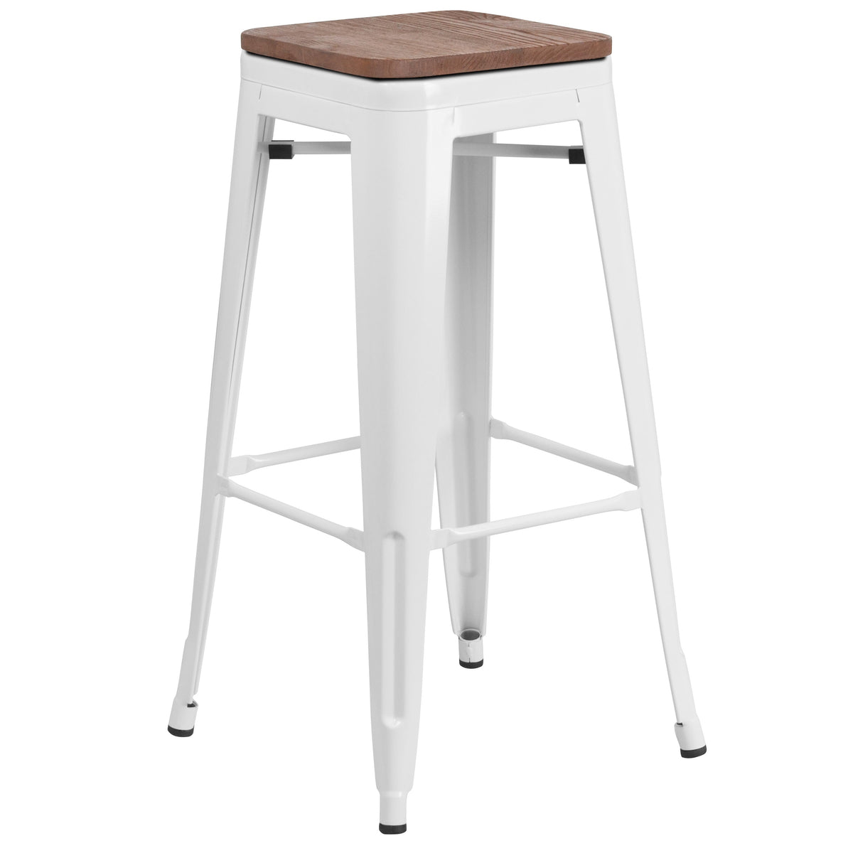 White |#| 30inch High Backless White Metal Barstool with Square Wood Seat - Kitchen Furniture