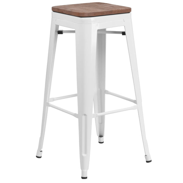 White |#| 30inch High Backless White Metal Barstool with Square Wood Seat - Kitchen Furniture