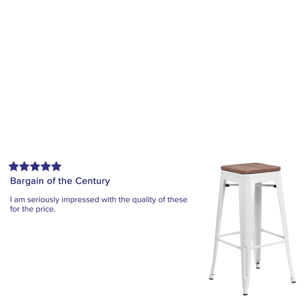 White |#| 30inch High Backless White Metal Barstool with Square Wood Seat - Kitchen Furniture