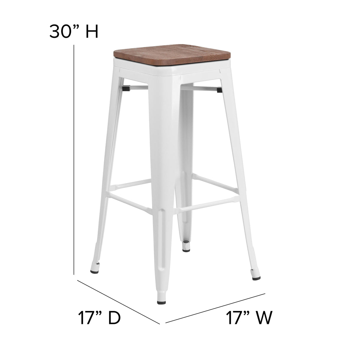White |#| 30inch High Backless White Metal Barstool with Square Wood Seat - Kitchen Furniture